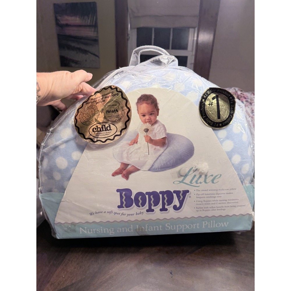 Original Boppy Nursing Pillow blue polka dot cover